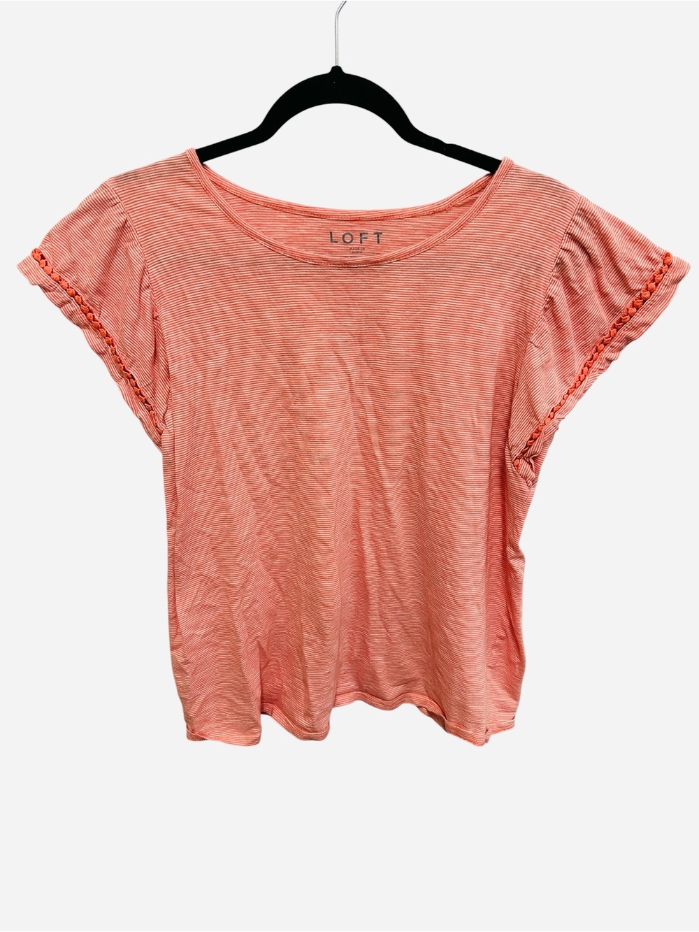 LOFT coral striped ruffled cap sleeve top with crochet detail Size S 100% cotton